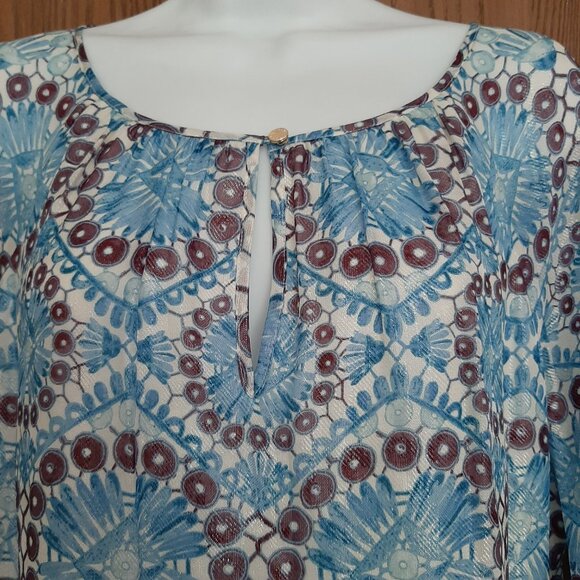 Tory Burch Silk Nylon Metallic Blue Floral Tunic Top Size 10 Keyhole Front - Picture 3 of 8